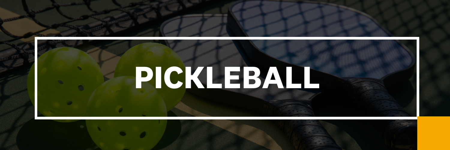 Pickleball banner that shows pickleball rackets laying on ground by net